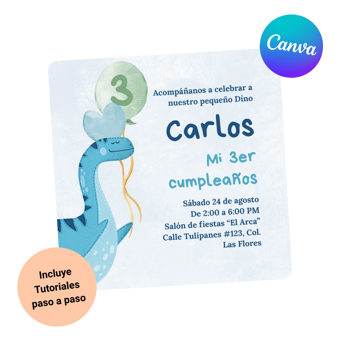 plantilla canva invitacion dinosaurio azul