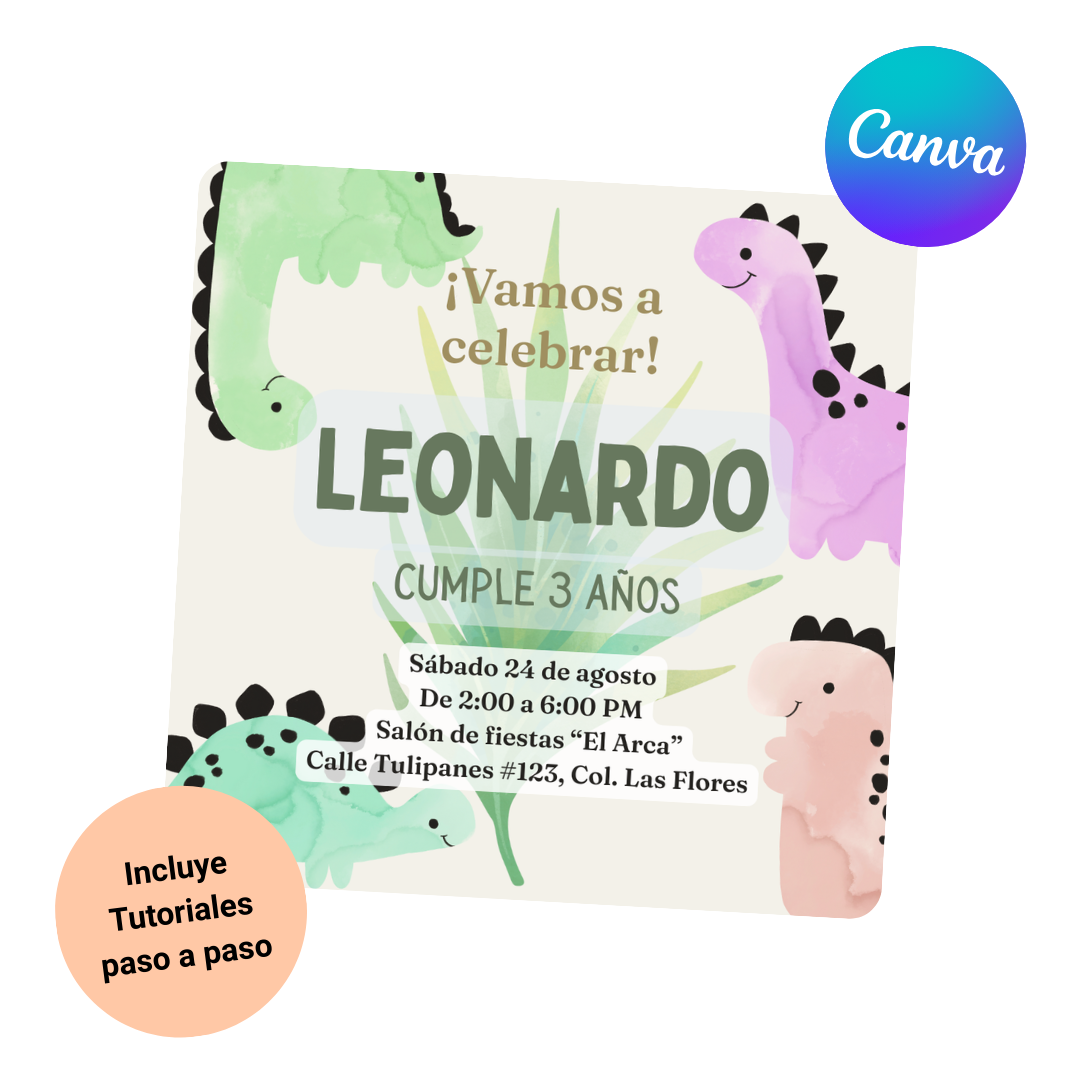 plantilla canva invitacion dinosaurios pastel