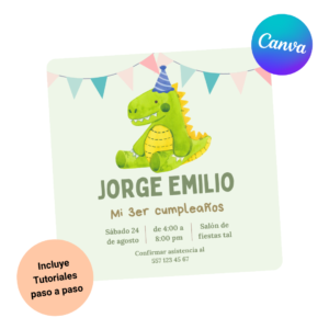 plantilla invitacion canva cumpleaños dinosaurio verde