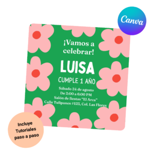 plantilla invitacion canva 1 año niña flores rosas